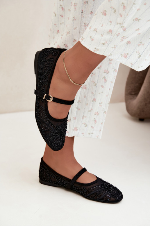 Ballerine in rete con fiori ricamati e paillettes color nero Caletta
