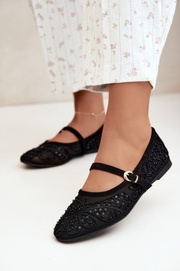 Ballerine in rete con fiori ricamati e paillettes color nero Caletta 2