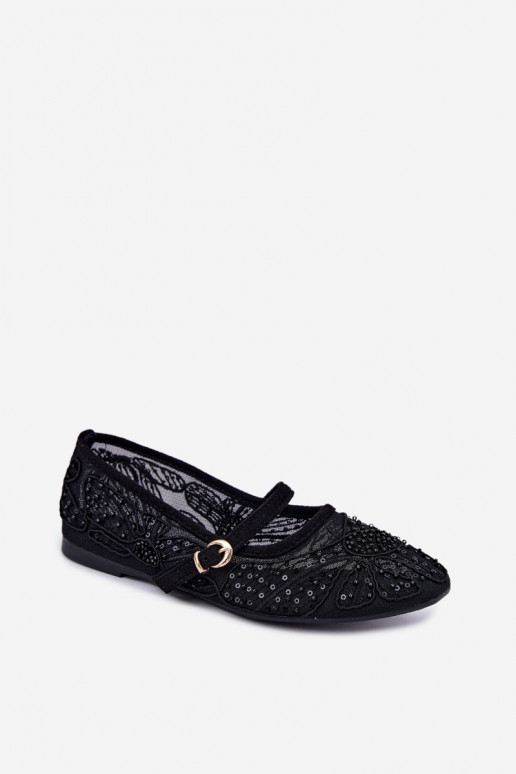 Ballerine in rete con fiori ricamati e paillettes color nero Caletta
