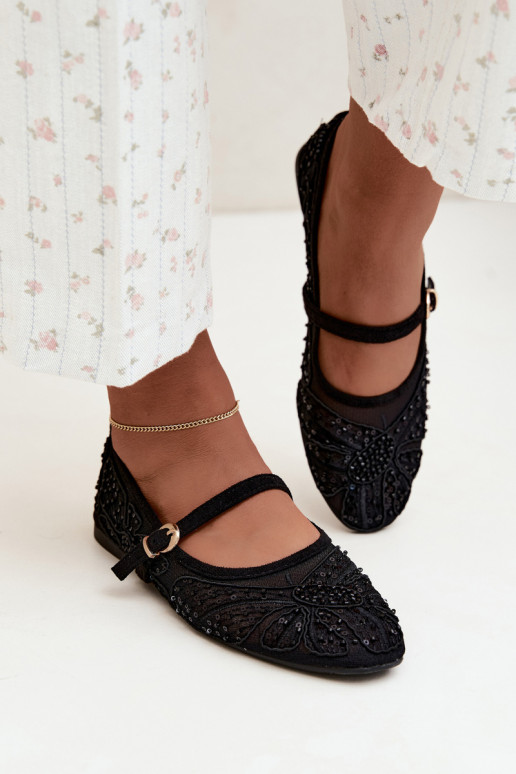 Ballerine in rete con fiori ricamati e paillettes color nero Caletta