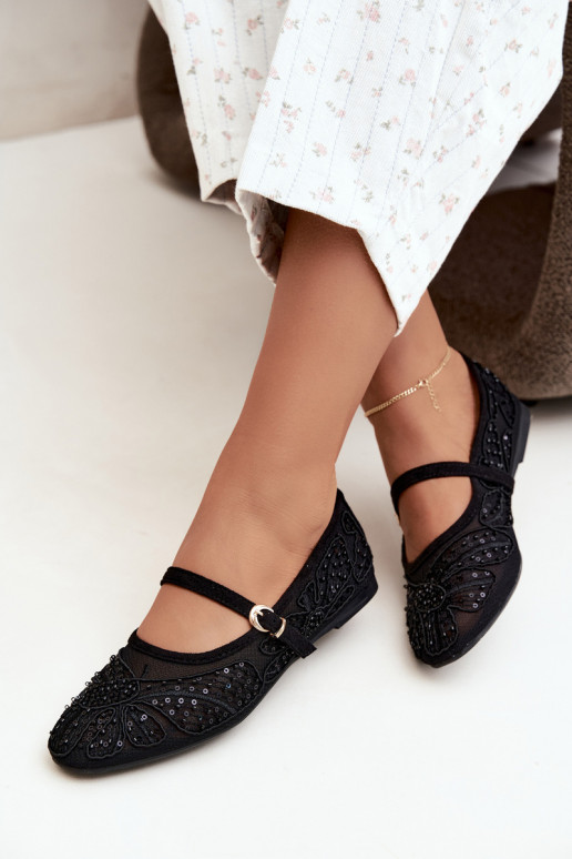 Ballerine in rete con fiori ricamati e paillettes color nero Caletta