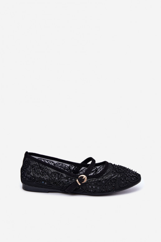 Ballerine in rete con fiori ricamati e paillettes color nero Caletta