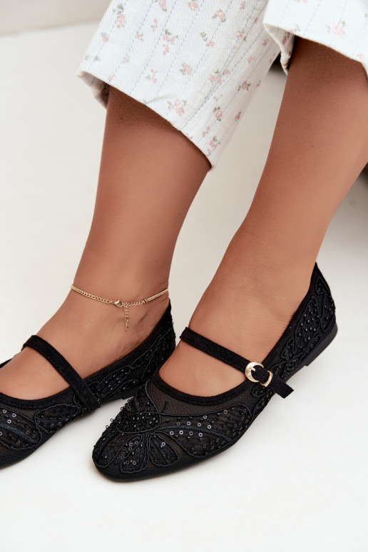 Ballerine in rete con fiori ricamati e paillettes color nero Caletta