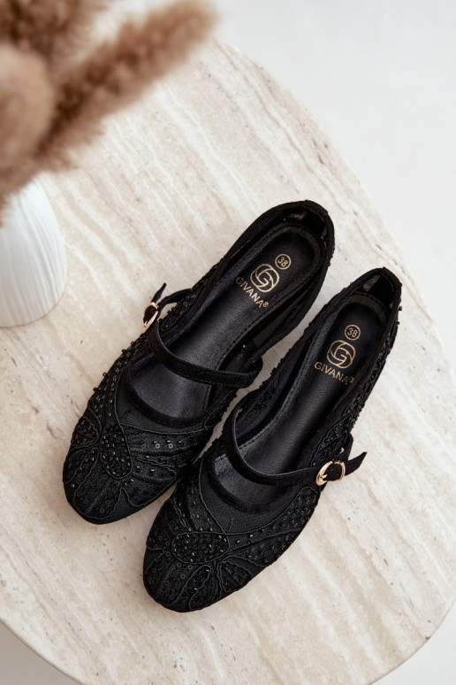 Ballerine in rete con fiori ricamati e paillettes color nero Caletta