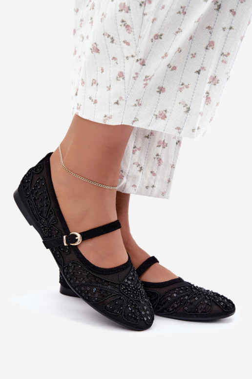 Ballerine in rete con fiori ricamati e paillettes color nero Caletta