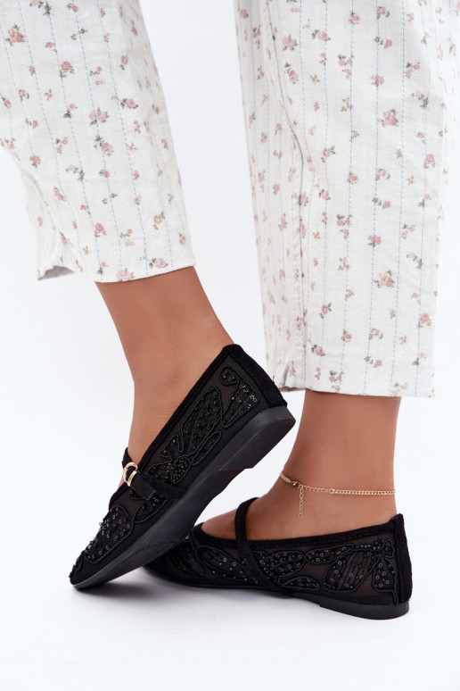 Ballerine in rete con fiori ricamati e paillettes color nero Caletta