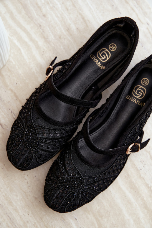 Ballerine in rete con fiori ricamati e paillettes color nero Caletta
