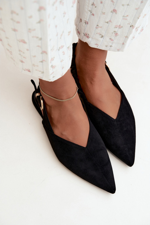 Ballerine con talloni aperti, nastri decorativi e fibbie color nero Harton