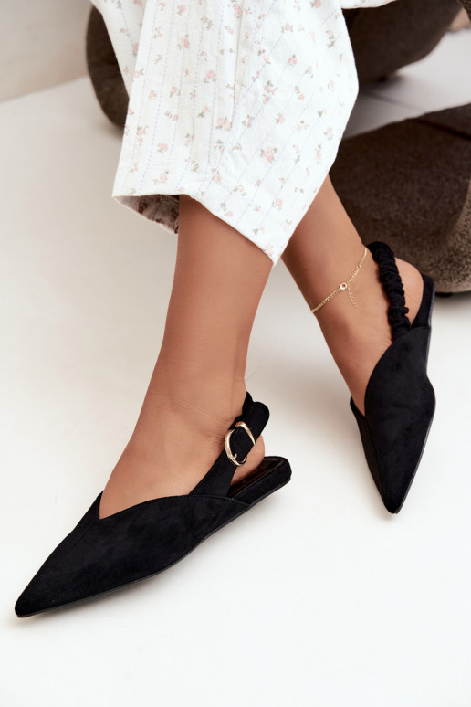 Ballerine con talloni aperti, nastri decorativi e fibbie color nero Harton