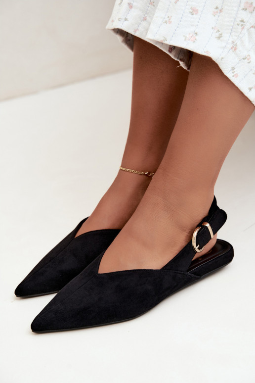 Ballerine con talloni aperti, nastri decorativi e fibbie color nero Harton