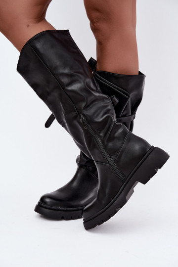 stivali alti da donna con tacco largo e fiocchi in colore nero Amely