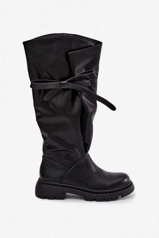 stivali alti da donna con tacco largo e fiocchi in colore nero Amely