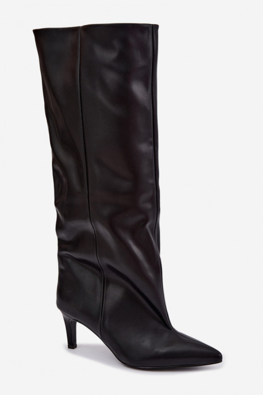 stivali alti da donna slip-on con tacco in ecopelle nera Favra