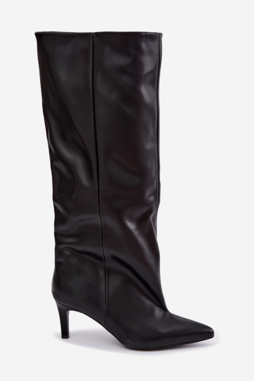 stivali alti da donna slip-on con tacco in ecopelle nera Favra