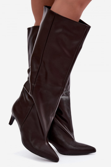 stivali alti da donna slip-on con tacco in ecopelle marrone Favra 2