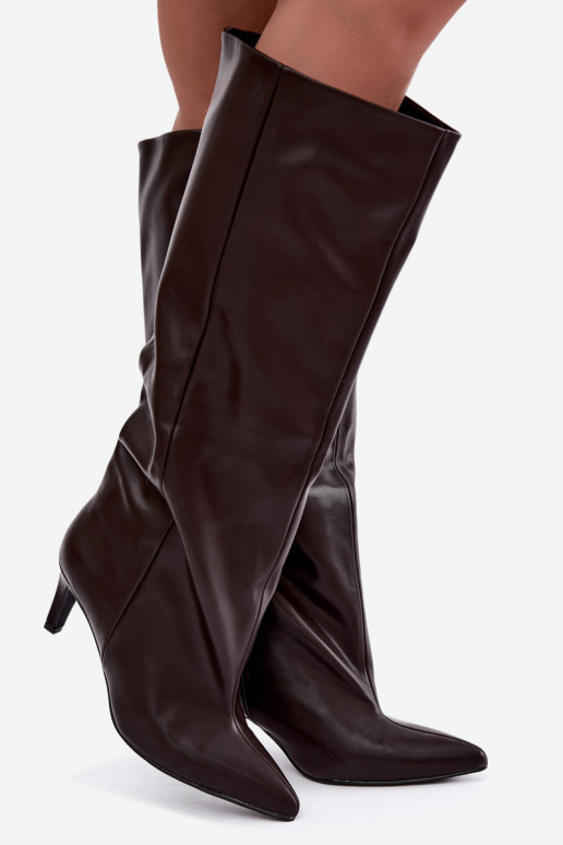 stivali alti da donna slip-on con tacco in ecopelle marrone Favra