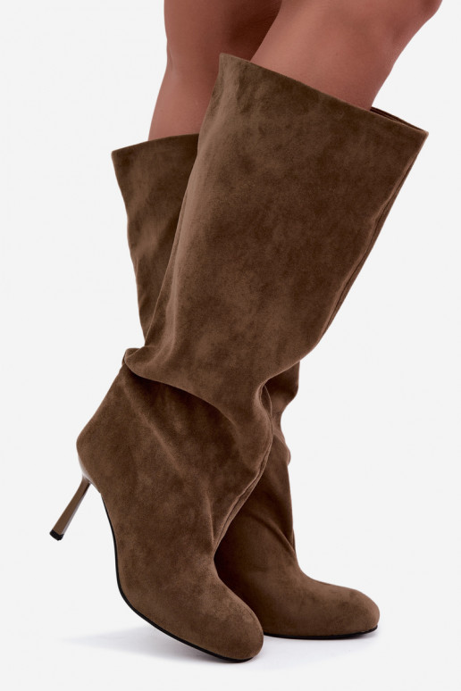 stivali alti da donna slip-on con tacco sottile in colore khaki Caliya