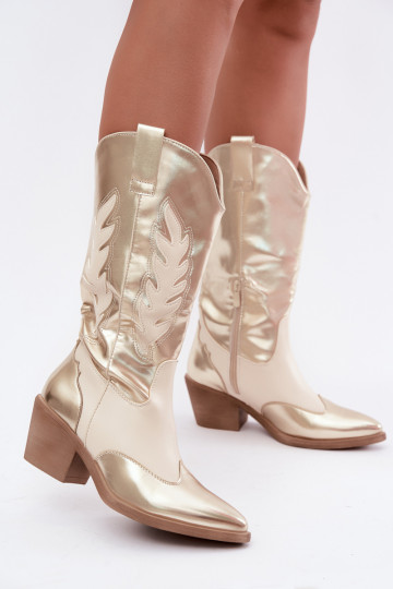 stivali alti in stile cowboy con tacco in colore oro