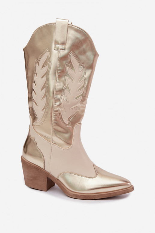 stivali alti in stile cowboy con tacco in colore oro