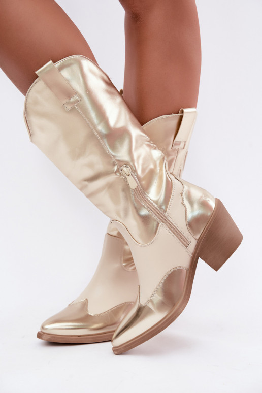 stivali alti in stile cowboy con tacco in colore oro