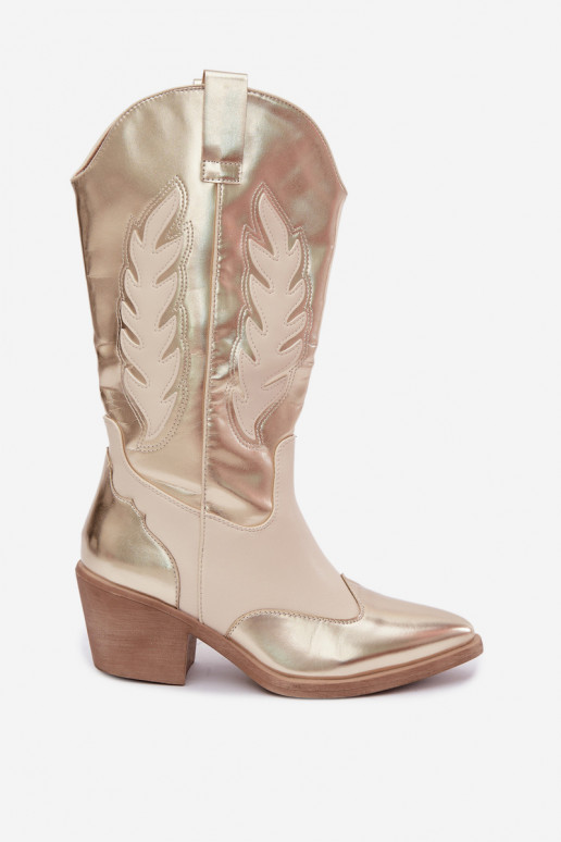 stivali alti in stile cowboy con tacco in colore oro