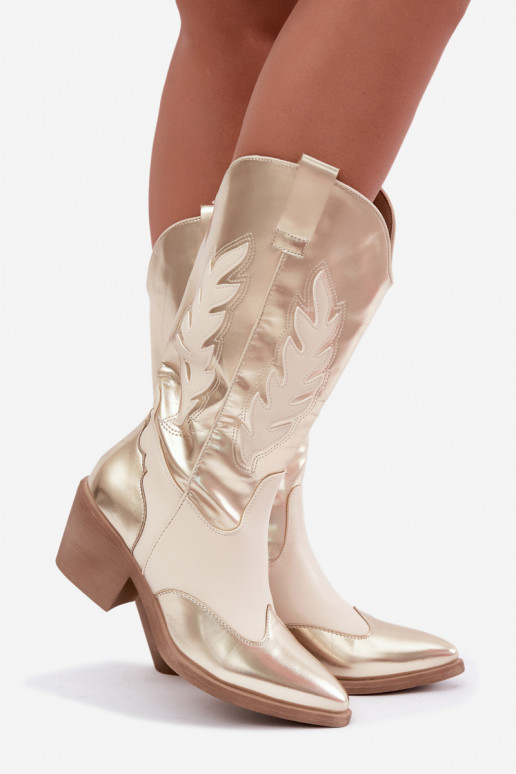 stivali alti in stile cowboy con tacco in colore oro