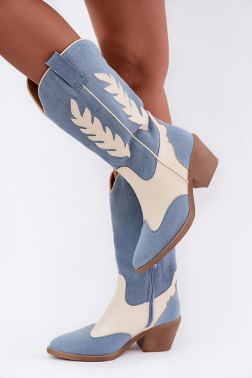 stivali alti in stile cowboy con tacco in denim marrone