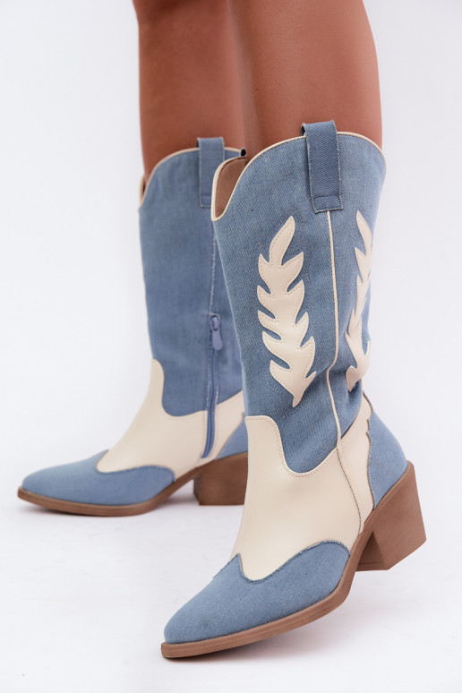 stivali alti in stile cowboy con tacco in denim marrone