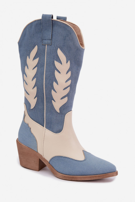 stivali alti in stile cowboy con tacco in denim marrone