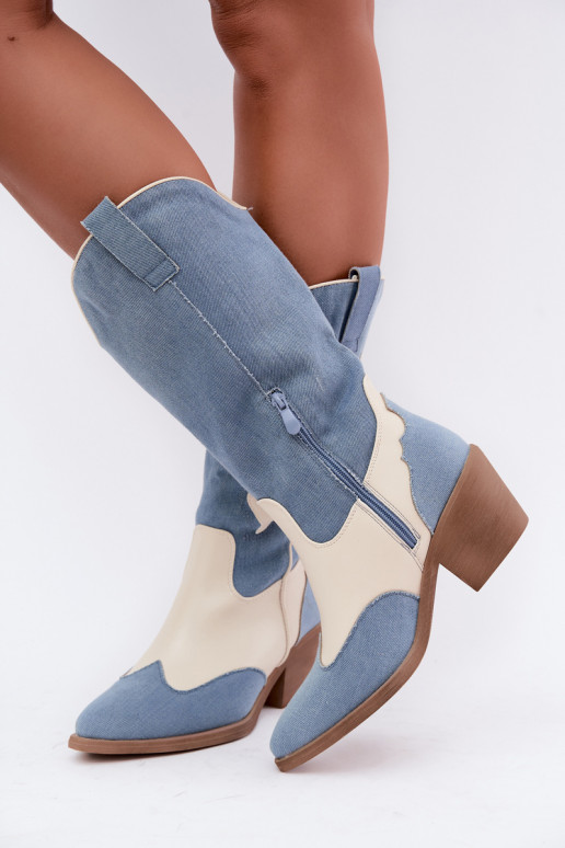 stivali alti in stile cowboy con tacco in denim marrone