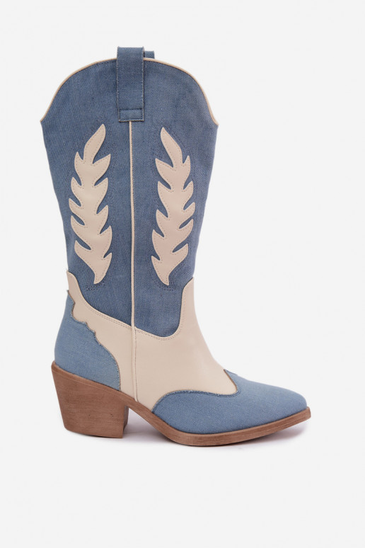 stivali alti in stile cowboy con tacco in denim marrone