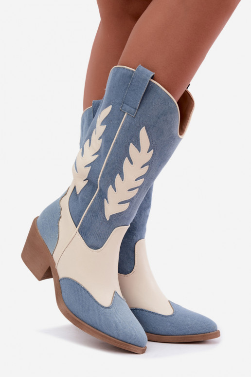 stivali alti in stile cowboy con tacco in denim marrone