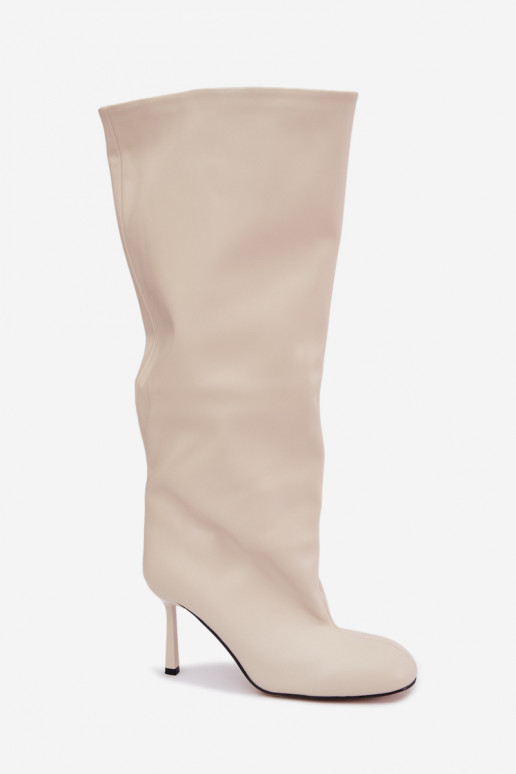 Stivali alti da donna slip-on con tacco sottile in colore avorio Caliya