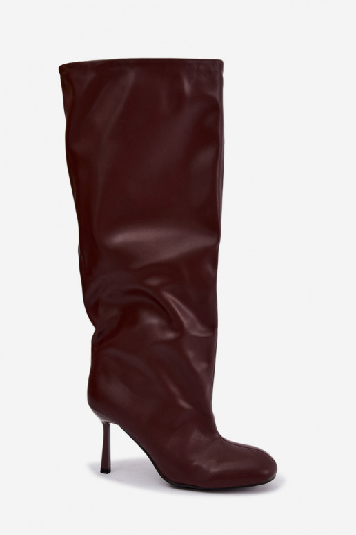 Stivali alti da donna slip-on con tacco sottile in colore bordeaux Caliya