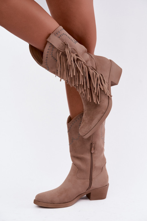 Stivaletti da donna in stile cowboy con frange e decorazioni in colore sabbia Perlia