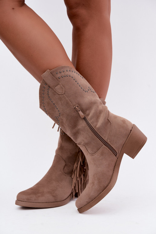 Stivaletti da donna in stile cowboy con frange e decorazioni in colore sabbia Perlia