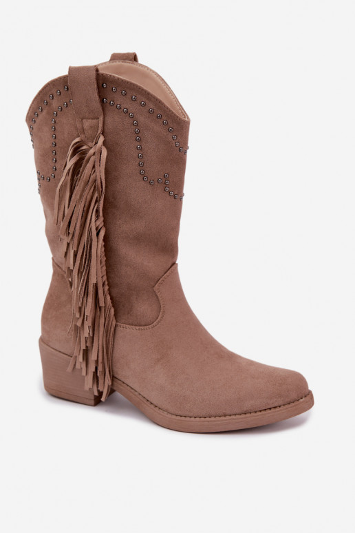 Stivaletti da donna in stile cowboy con frange e decorazioni in colore sabbia Perlia