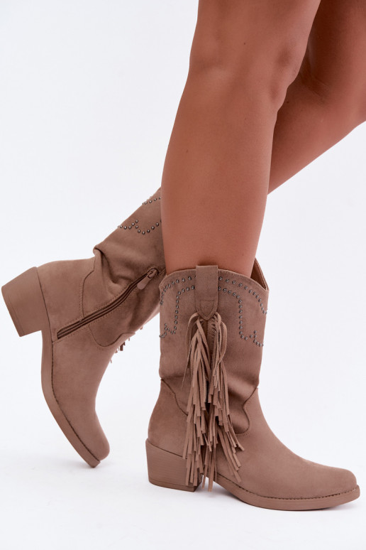 Stivaletti da donna in stile cowboy con frange e decorazioni in colore sabbia Perlia