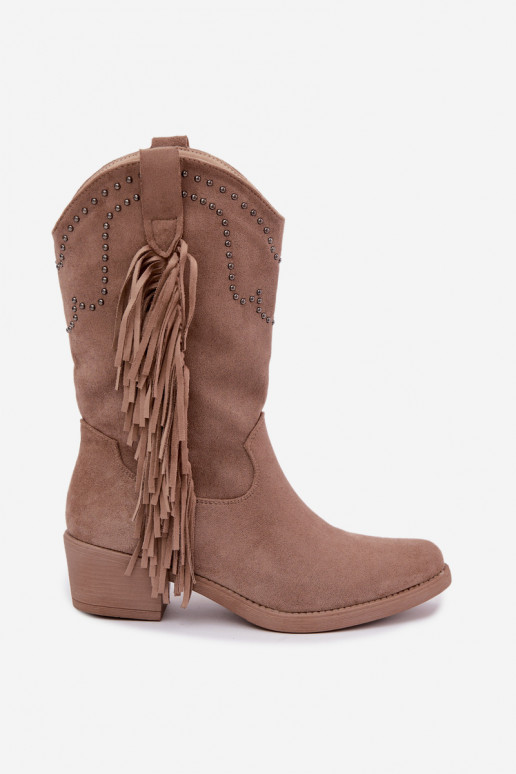 Stivaletti da donna in stile cowboy con frange e decorazioni in colore sabbia Perlia