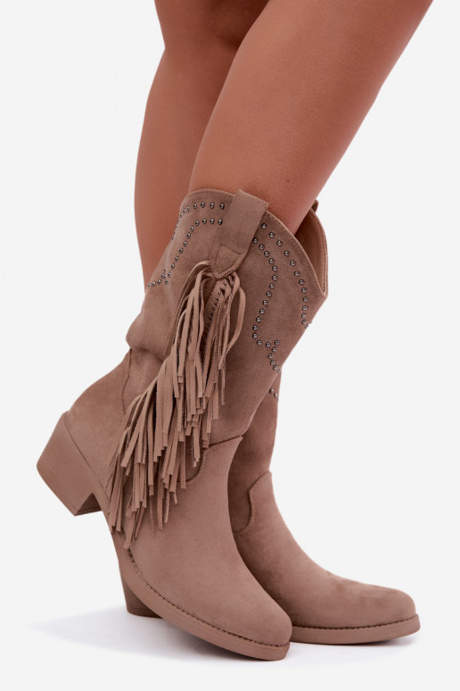 Stivaletti da donna in stile cowboy con frange e decorazioni in colore sabbia Perlia