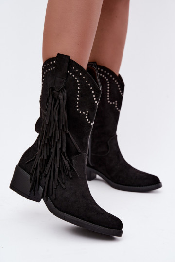 Stivaletti da donna in stile cowboy con frange e decorazioni in colore nero Perlia