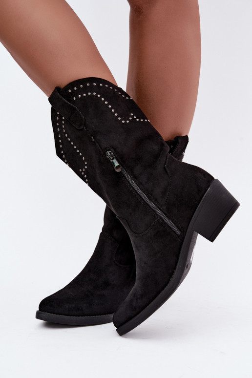 Stivaletti da donna in stile cowboy con frange e decorazioni in colore nero Perlia