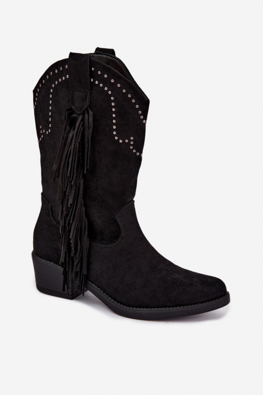 Stivaletti da donna in stile cowboy con frange e decorazioni in colore nero Perlia