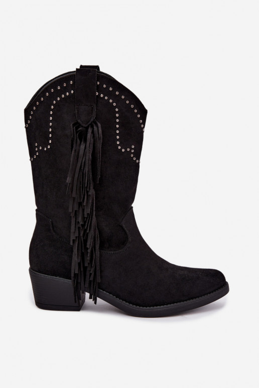 Stivaletti da donna in stile cowboy con frange e decorazioni in colore nero Perlia
