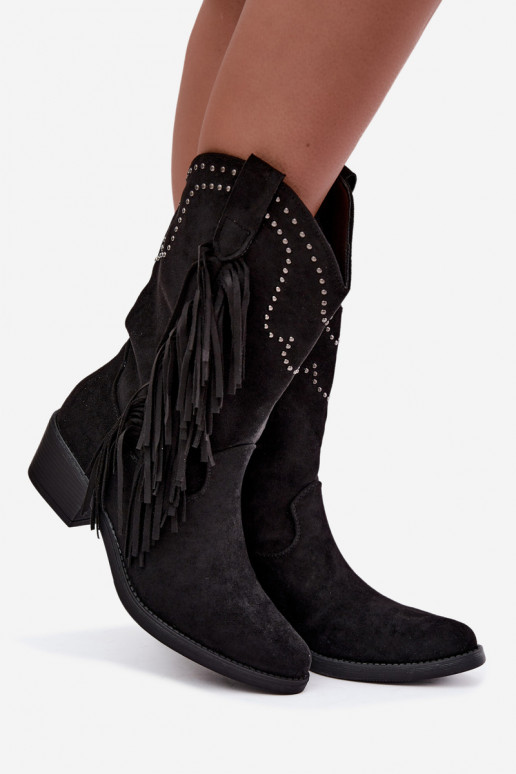 Stivaletti da donna in stile cowboy con frange e decorazioni in colore nero Perlia