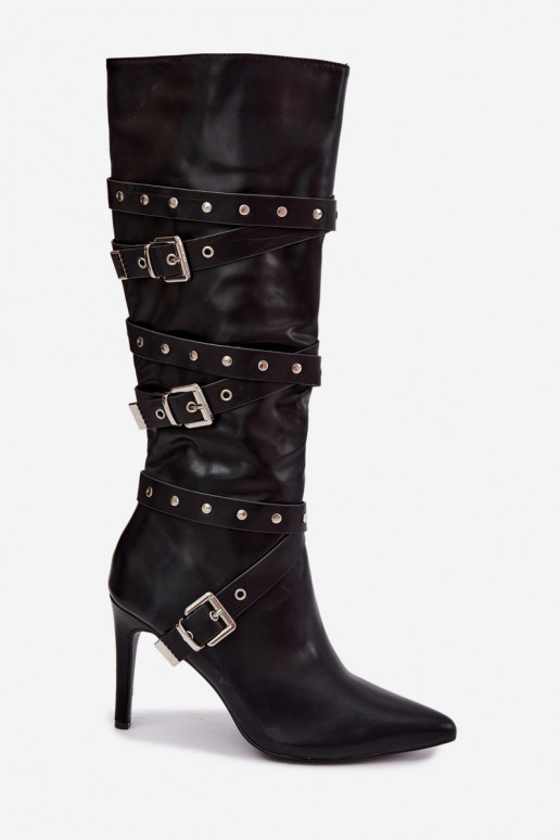 Stivali alti da donna con tacco sottile e fibbie in colore nero Invera
