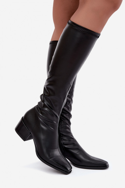 stivali alti da donna con gambale lacciato su tacco basso in suede sintetico color caramello Gisellea