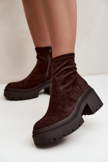 stivaletti da donna con tacco grosso e piattaforma in suede sintetico color caramello Elvianne 2