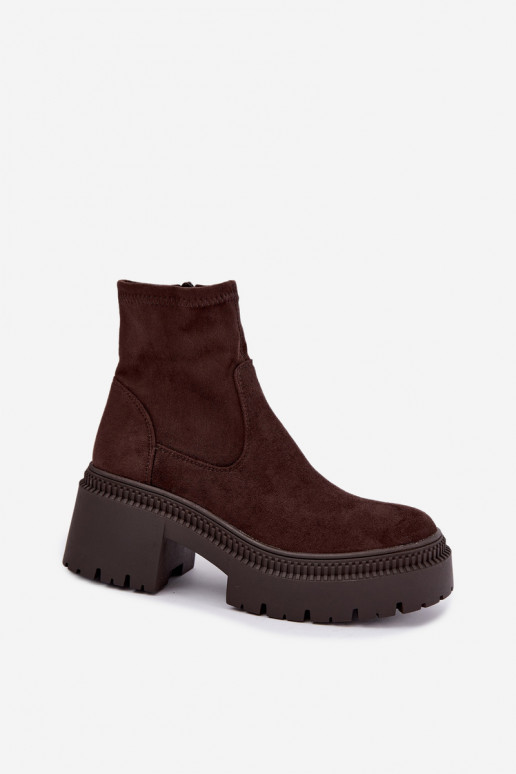 stivaletti da donna con tacco grosso e piattaforma in suede sintetico color caramello Elvianne
