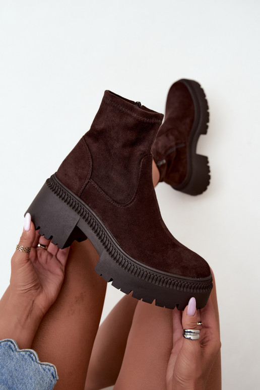stivaletti da donna con tacco grosso e piattaforma in suede sintetico color caramello Elvianne